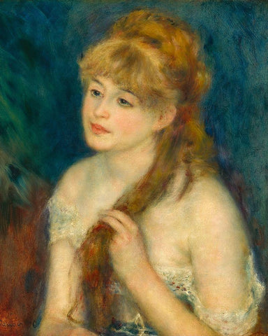 Young Woman Braiding Her Hair White Modern Wood Framed Art Print with Double Matting by Renoir, Pierre-Auguste