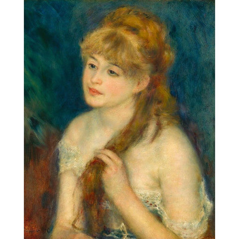 Young Woman Braiding Her Hair Black Modern Wood Framed Art Print with Double Matting by Renoir, Pierre-Auguste