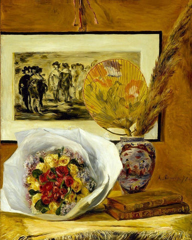 Still Life with Bouquet Black Ornate Wood Framed Art Print with Double Matting by Renoir, Pierre-Auguste