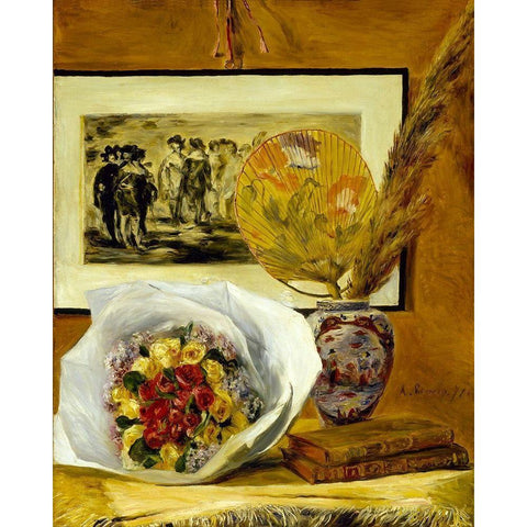 Still Life with Bouquet White Modern Wood Framed Art Print by Renoir, Pierre-Auguste