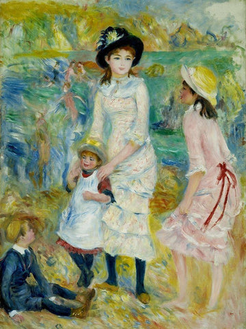 Children on the Seashore, Guernsey Black Ornate Wood Framed Art Print with Double Matting by Renoir, Pierre-Auguste