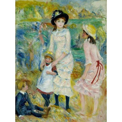 Children on the Seashore, Guernsey Black Modern Wood Framed Art Print by Renoir, Pierre-Auguste