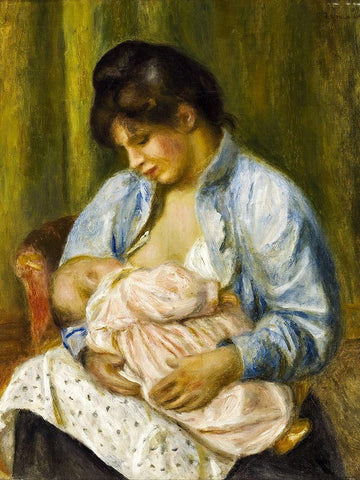 A Woman Nursing a Child Black Ornate Wood Framed Art Print with Double Matting by Renoir, Pierre-Auguste