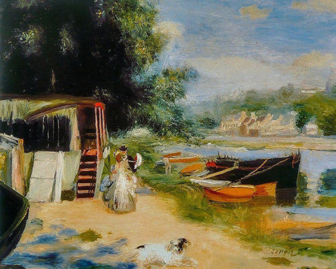 View of Bougival Black Ornate Wood Framed Art Print with Double Matting by Renoir, Pierre-Auguste