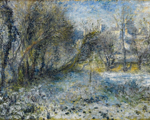 Snow covered Landscape Black Ornate Wood Framed Art Print with Double Matting by Renoir, Pierre-Auguste