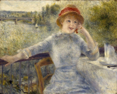 Alphonsine Fournaise Black Ornate Wood Framed Art Print with Double Matting by Renoir, Pierre-Auguste