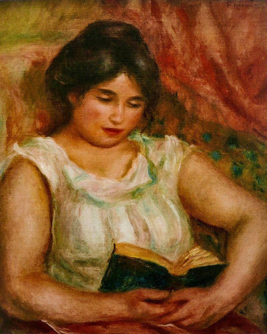 Gabrielle reading White Modern Wood Framed Art Print with Double Matting by Renoir, Pierre-Auguste