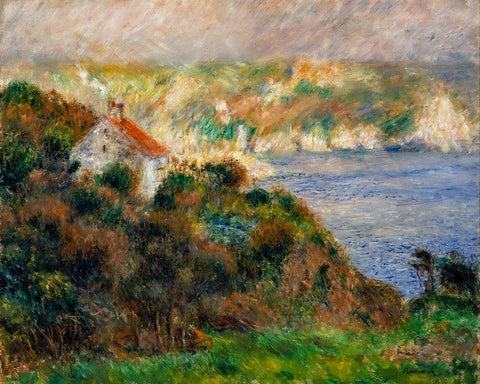 Fog on Guernsey White Modern Wood Framed Art Print with Double Matting by Renoir, Pierre-Auguste