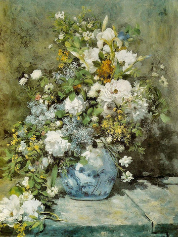 Spring Bouquet White Modern Wood Framed Art Print with Double Matting by Renoir, Pierre-Auguste