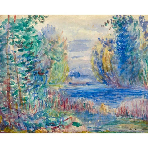 River Landscape, 1890 Black Modern Wood Framed Art Print by Renoir, Pierre-Auguste