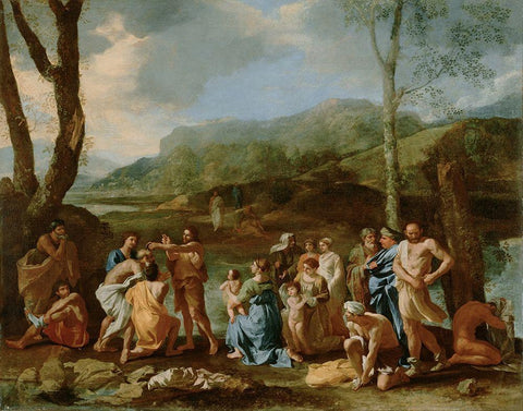 Saint John Baptizing in the River Jordan Black Ornate Wood Framed Art Print with Double Matting by Poussin, Nicolas