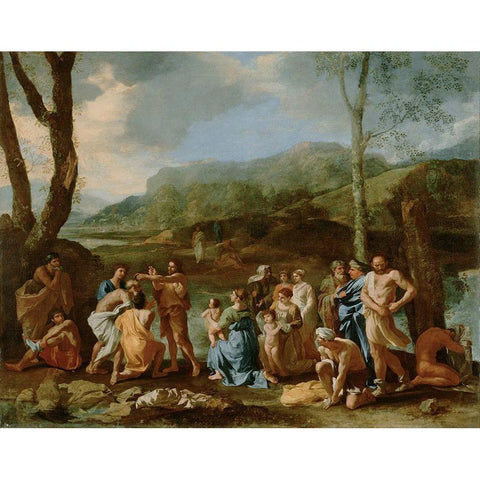 Saint John Baptizing in the River Jordan Black Modern Wood Framed Art Print with Double Matting by Poussin, Nicolas