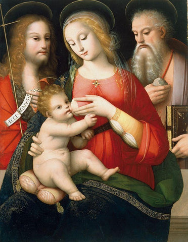 Madonna with Child and Saints John the Baptist and Girolamo White Modern Wood Framed Art Print with Double Matting by Piccinelli, Andrea