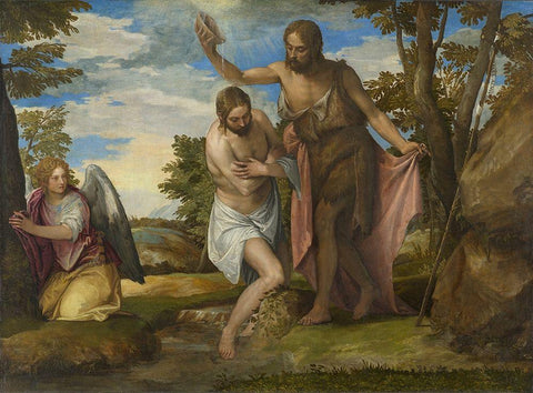 The Baptism of Christ Black Ornate Wood Framed Art Print with Double Matting by Veronese