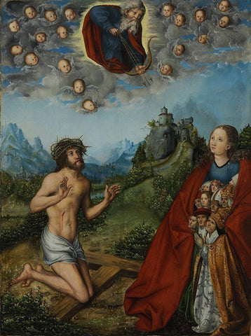 Christ and the Virgin Interceding for Humanity Black Ornate Wood Framed Art Print with Double Matting by Cranach, Lucas the Elder