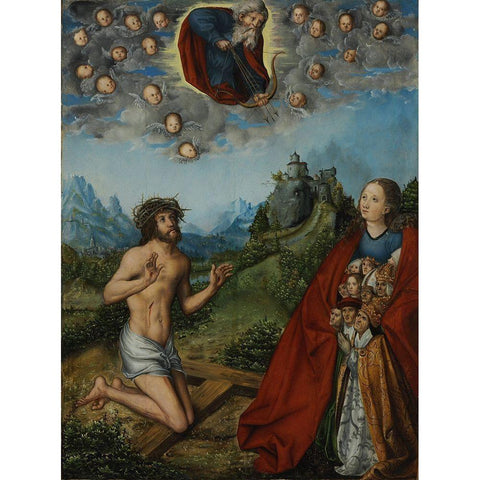 Christ and the Virgin Interceding for Humanity Gold Ornate Wood Framed Art Print with Double Matting by Cranach, Lucas the Elder