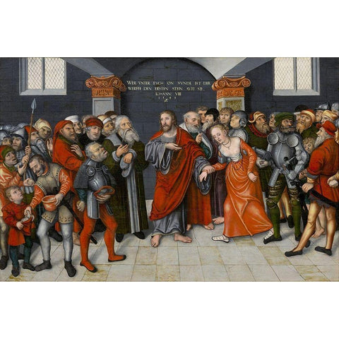 Christ and the Adulteress Black Modern Wood Framed Art Print with Double Matting by Cranach the Younger, Lucas