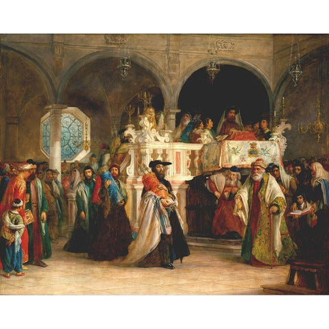 The Feast of the Rejoicing of the Law at the Synagogue Black Modern Wood Framed Art Print with Double Matting by Hart, Solomon Alexander