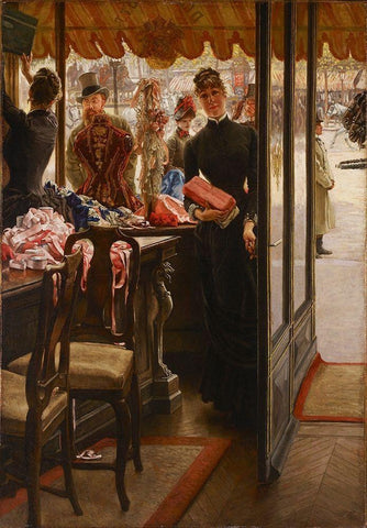 La demoiselle de magasin White Modern Wood Framed Art Print with Double Matting by Tissot, James