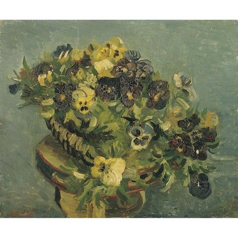 Basket of pansies on a small table Gold Ornate Wood Framed Art Print with Double Matting by van Gogh, Vincent