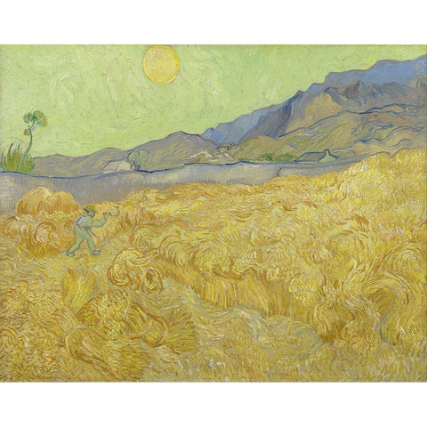 Wheatfield with a reaper Black Modern Wood Framed Art Print with Double Matting by van Gogh, Vincent