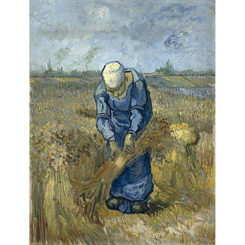 Peasant woman binding sheaves White Modern Wood Framed Art Print by van Gogh, Vincent