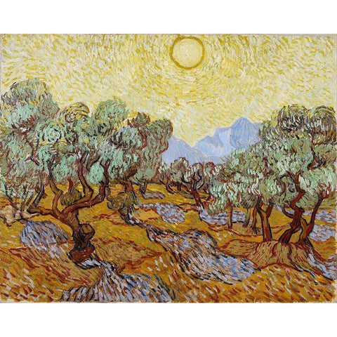 Olive Trees with yellow sky and sun Gold Ornate Wood Framed Art Print with Double Matting by van Gogh, Vincent