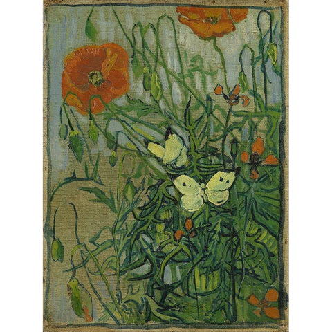 Butterflies and poppies Gold Ornate Wood Framed Art Print with Double Matting by van Gogh, Vincent