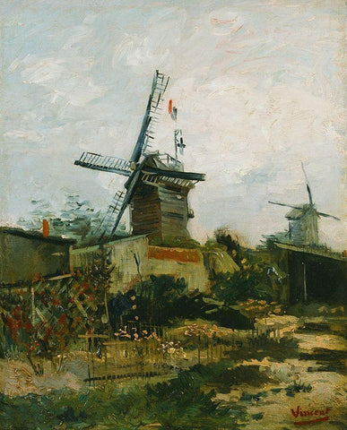 Windmills on Montmartre Black Ornate Wood Framed Art Print with Double Matting by van Gogh, Vincent