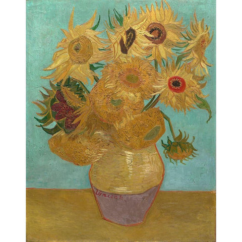 Vase with Twelve Sunflowers Gold Ornate Wood Framed Art Print with Double Matting by van Gogh, Vincent