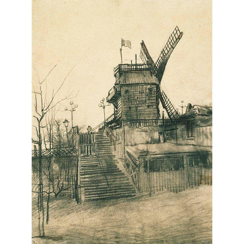 Moulin de la Galette White Modern Wood Framed Art Print by van Gogh, Vincent