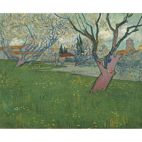 Orchards in blossom, view of Arles Black Modern Wood Framed Art Print with Double Matting by van Gogh, Vincent