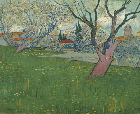 Orchards in blossom, view of Arles White Modern Wood Framed Art Print with Double Matting by van Gogh, Vincent