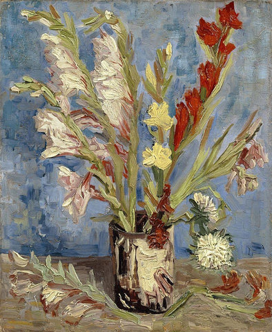 Vase with gladioli and China asters White Modern Wood Framed Art Print with Double Matting by van Gogh, Vincent