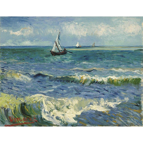 Seascape near Les Saintes-Maries-de-la-Mer Black Modern Wood Framed Art Print with Double Matting by van Gogh, Vincent