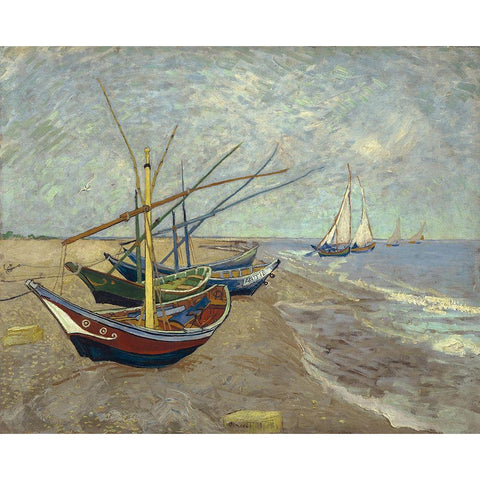 Fishing boats on the beach at Les Saintes-Maries-de-la-Mer Gold Ornate Wood Framed Art Print with Double Matting by van Gogh, Vincent