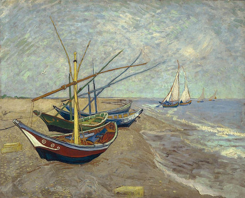 Fishing boats on the beach at Les Saintes-Maries-de-la-Mer White Modern Wood Framed Art Print with Double Matting by van Gogh, Vincent