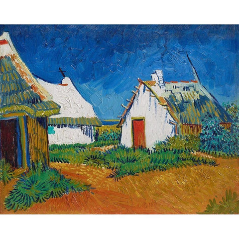 Three white cottages in Saintes-Maries Black Modern Wood Framed Art Print with Double Matting by van Gogh, Vincent