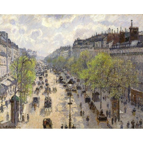 Boulevard Montmartre, Spring White Modern Wood Framed Art Print by Pissarro, Camille