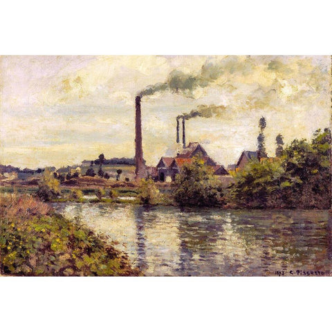 The Factory at Pontoise White Modern Wood Framed Art Print by Pissarro, Camille