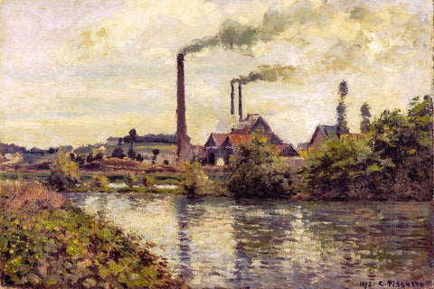 The Factory at Pontoise White Modern Wood Framed Art Print with Double Matting by Pissarro, Camille