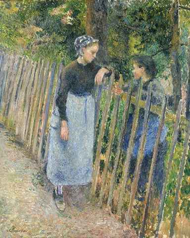 Conversation Black Ornate Wood Framed Art Print with Double Matting by Pissarro, Camille