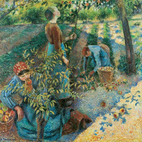 Apple Picking Black Ornate Wood Framed Art Print with Double Matting by Pissarro, Camille