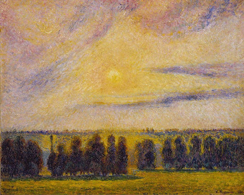 Sunset at Eragny White Modern Wood Framed Art Print with Double Matting by Pissarro, Camille