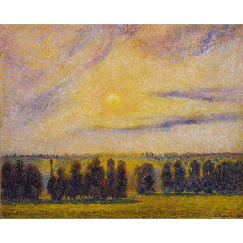 Sunset at Eragny Gold Ornate Wood Framed Art Print with Double Matting by Pissarro, Camille