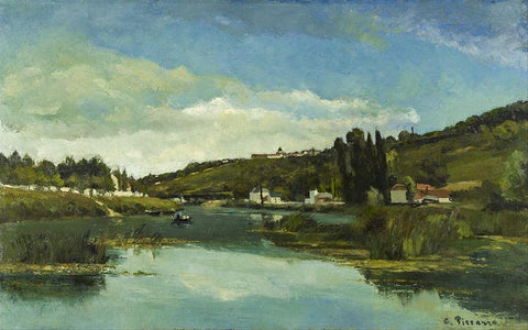 The Marne at Chennevieres Black Ornate Wood Framed Art Print with Double Matting by Pissarro, Camille