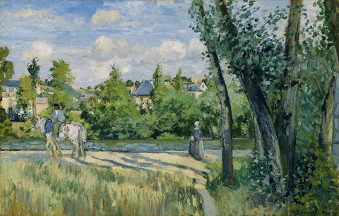 Sunlight on the Road, Pontoise White Modern Wood Framed Art Print with Double Matting by Pissarro, Camille
