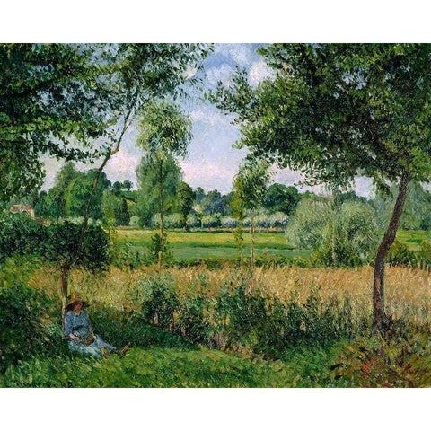 Morning Sunlight Effect, Eragny Gold Ornate Wood Framed Art Print with Double Matting by Pissarro, Camille