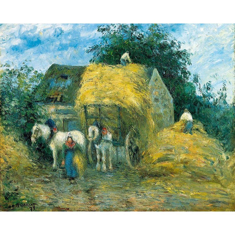 The Hay Cart, Montfoucault White Modern Wood Framed Art Print by Pissarro, Camille