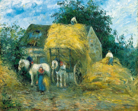 The Hay Cart, Montfoucault White Modern Wood Framed Art Print with Double Matting by Pissarro, Camille